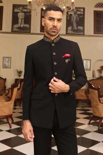 Buy_ZOOP MEN_Black Silk, Satin, Lycra Embroidery, Brooches Hand Bandhgala Set _Online_at_Aza_Fashions