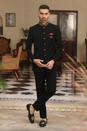 ZOOP MEN_Black Silk, Satin, Lycra Embroidery, Brooches Hand Bandhgala Set _at_Aza_Fashions