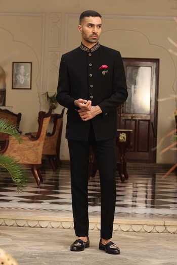 Buy_ZOOP MEN_Black Silk, Satin, Lycra Embroidery, Brooches Hand Bandhgala Set 