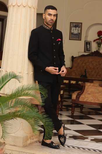 Shop_ZOOP MEN_Black Silk, Satin, Lycra Embroidery, Brooches Hand Bandhgala Set 