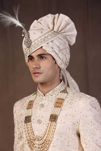 ZOOP MEN_Cream Jacquard, Silk, Cotton, Satin Hand Embroidered Sherwani Set _Online_at_Aza_Fashions