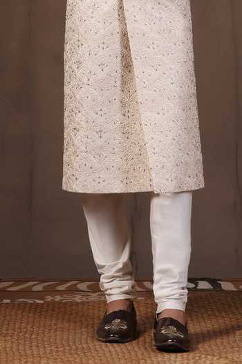 Buy_ZOOP MEN_Cream Jacquard, Silk, Cotton, Satin Hand Embroidered Sherwani Set _Online_at_Aza_Fashions
