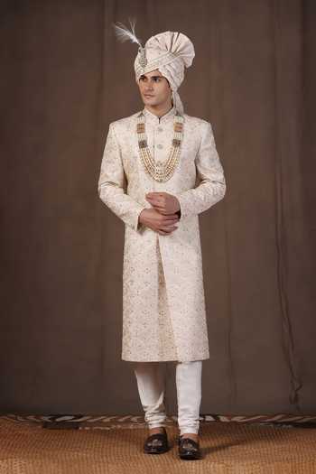 Shop_ZOOP MEN_Cream Jacquard, Silk, Cotton, Satin Hand Embroidered Sherwani Set _Online_at_Aza_Fashions
