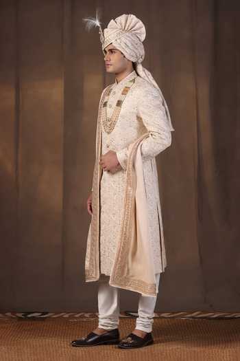 ZOOP MEN_Cream Jacquard, Silk, Cotton, Satin Hand Embroidered Sherwani Set _at_Aza_Fashions