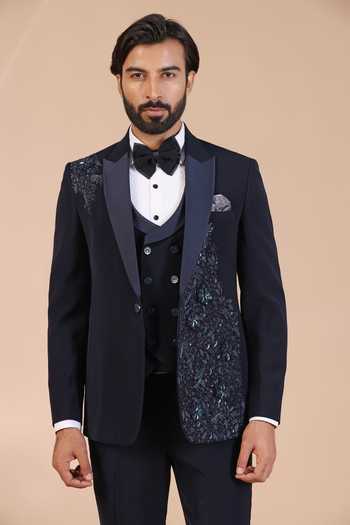 ZOOP MEN_Blue Satin, Silk Embroidery, Sequins, Pearls 3d Tuxedo Set _Online_at_Aza_Fashions