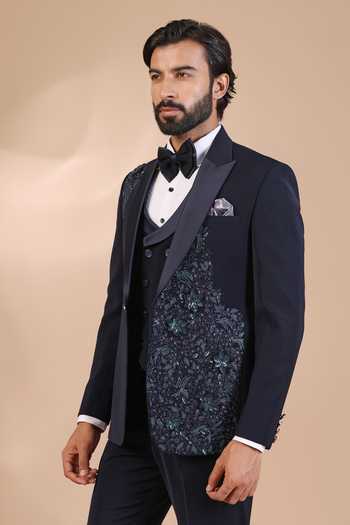 Buy_ZOOP MEN_Blue Satin, Silk Embroidery, Sequins, Pearls 3d Tuxedo Set _Online_at_Aza_Fashions