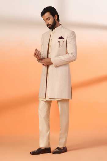 ZOOP MEN_Peach Silk Embroidered Jacquard Sherwani Set _Online_at_Aza_Fashions