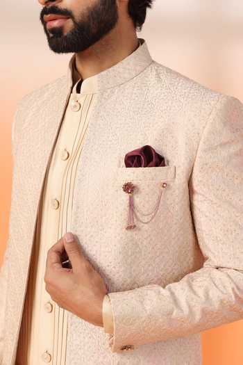 Buy_ZOOP MEN_Peach Silk Embroidered Jacquard Sherwani Set _Online_at_Aza_Fashions