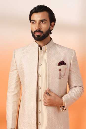 Shop_ZOOP MEN_Peach Silk Embroidered Jacquard Sherwani Set _Online_at_Aza_Fashions