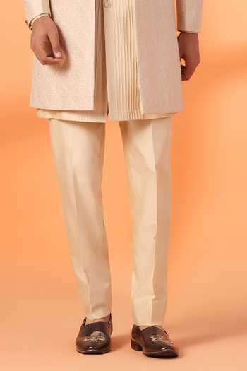 ZOOP MEN_Peach Silk Embroidered Jacquard Sherwani Set _at_Aza_Fashions