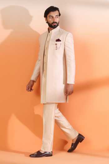 Buy_ZOOP MEN_Peach Silk Embroidered Jacquard Sherwani Set 