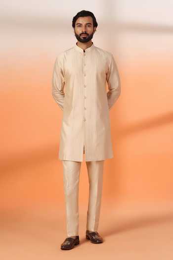 Shop_ZOOP MEN_Peach Silk Embroidered Jacquard Sherwani Set 