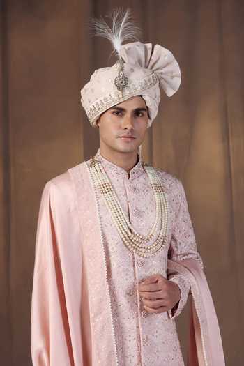 ZOOP MEN_Pink Jacquard, Silk, Cotton, Satin Hand Embroidered Sherwani Set _Online_at_Aza_Fashions