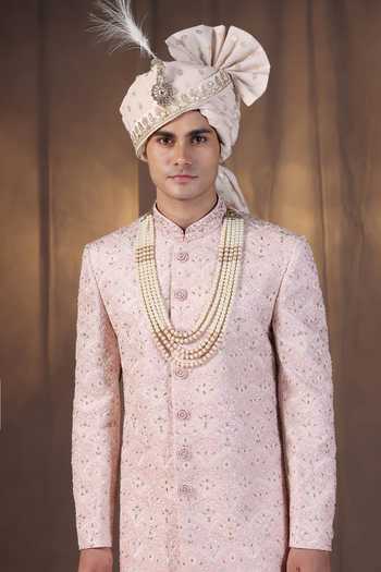 Buy_ZOOP MEN_Pink Jacquard, Silk, Cotton, Satin Hand Embroidered Sherwani Set _Online_at_Aza_Fashions