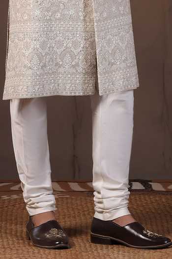 ZOOP MEN_Grey Silk, Cotton, Jacquard, Satin Hand Embroidered Sherwani Set _Online_at_Aza_Fashions