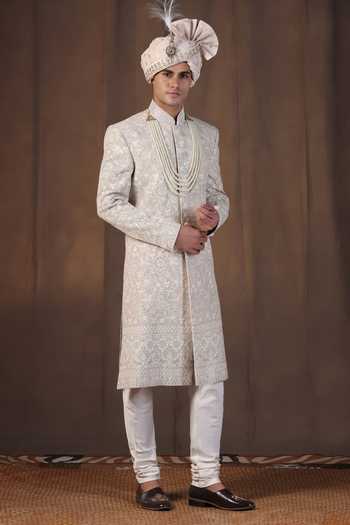 Buy_ZOOP MEN_Grey Silk, Cotton, Jacquard, Satin Hand Embroidered Sherwani Set _Online_at_Aza_Fashions