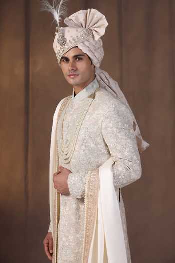 Shop_ZOOP MEN_Grey Silk, Cotton, Jacquard, Satin Hand Embroidered Sherwani Set _Online_at_Aza_Fashions