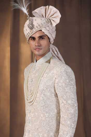 ZOOP MEN_Grey Silk, Cotton, Jacquard, Satin Hand Embroidered Sherwani Set _at_Aza_Fashions
