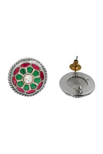 Sangeeta Boochra_Green Floral Kundan Silver Stud Earrings _Online_at_Aza_Fashions