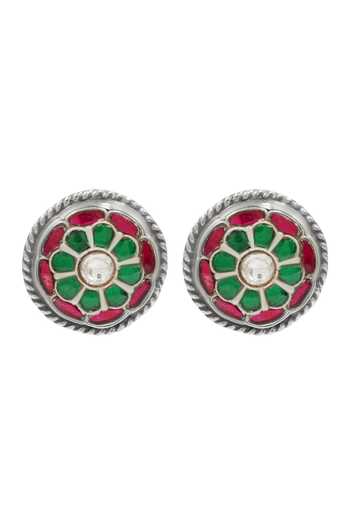 Sangeeta Boochra Green-Red Floral Kundan Silver Stud Earrings 
