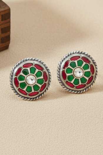 Sangeeta Boochra Green-Red Floral Kundan Silver Stud Earrings 