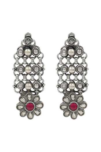 Sangeeta Boochra Floral Kundan Drop Silver Earrings 