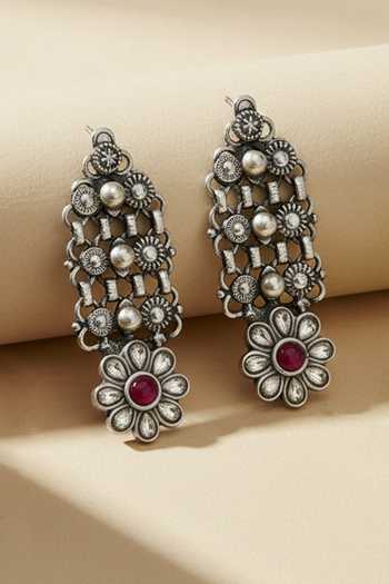 Sangeeta Boochra Floral Kundan Drop Silver Earrings 