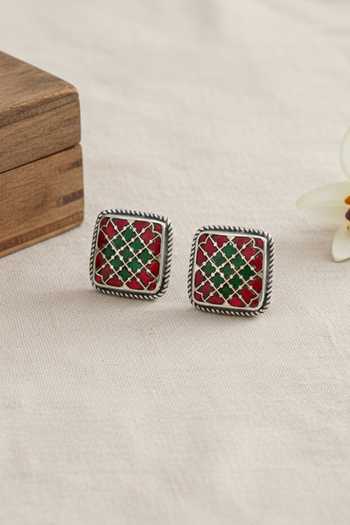 Sangeeta Boochra Royal Square Kundan Silver Stud Earrings 