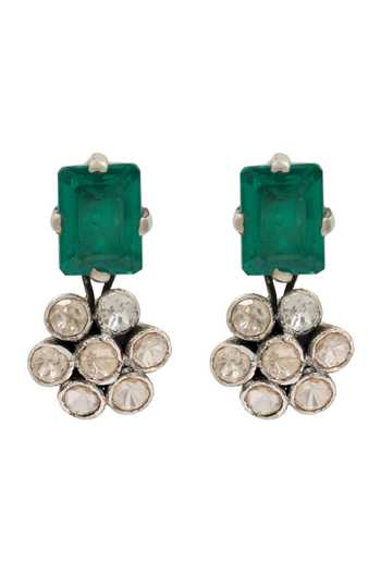 Sangeeta Boochra Green Stone & Polki Flower Silver Earrings 
