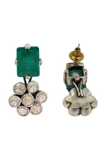 Sangeeta Boochra_Green Stone And Polki Flower Silver Earrings _Online_at_Aza_Fashions