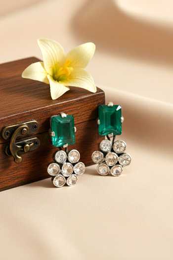 Sangeeta Boochra Green Stone & Polki Flower Silver Earrings 