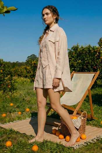 Buy_House Of Fett_Peach Cotton, Linen Button-down Neck, Blend Shirt And Shorts Set _Online_at_Aza_Fashions