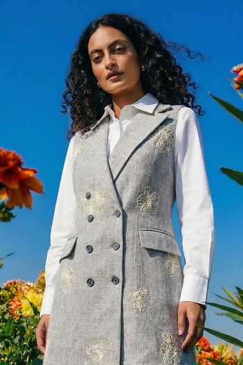 House Of Fett_Grey Cotton, Linen Collared Floral Embroidered Jacket And Dress Set _Online_at_Aza_Fashions