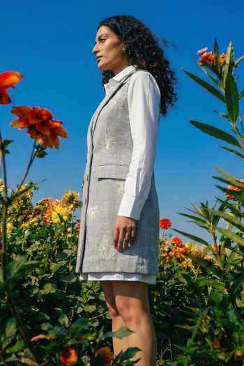 Buy_House Of Fett_Grey Cotton, Linen Collared Floral Embroidered Jacket And Dress Set _Online_at_Aza_Fashions