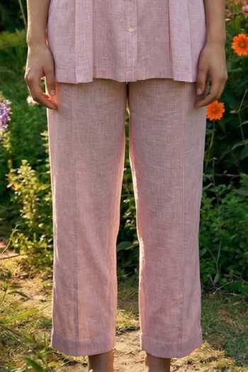 House Of Fett_Pink Cotton, Linen Collared Blend Shirt And Pant Set _Online_at_Aza_Fashions
