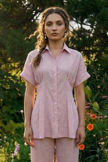 Buy_House Of Fett_Pink Cotton, Linen Collared Blend Shirt And Pant Set _Online_at_Aza_Fashions