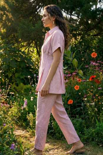 Shop_House Of Fett_Pink Cotton, Linen Collared Blend Shirt And Pant Set _Online_at_Aza_Fashions