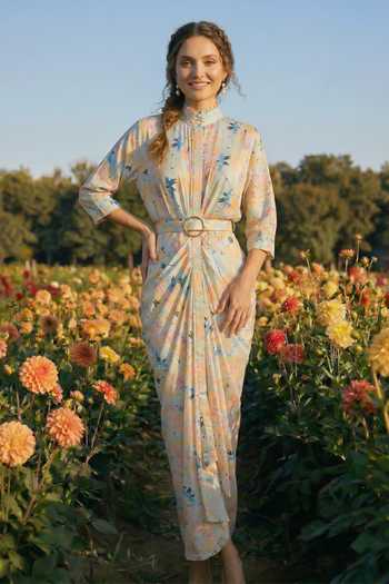 House Of Fett Floral Satin Draped Gown  