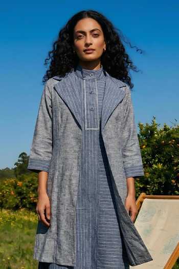 House Of Fett_Blue Cotton Band Collar Tailored Jacket Pant Set _Online_at_Aza_Fashions