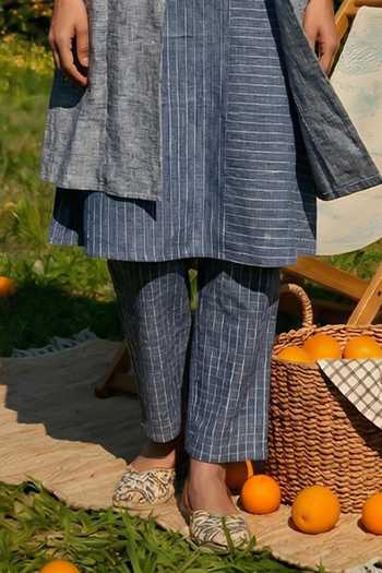 Buy_House Of Fett_Blue Cotton Band Collar Tailored Jacket Pant Set _Online_at_Aza_Fashions