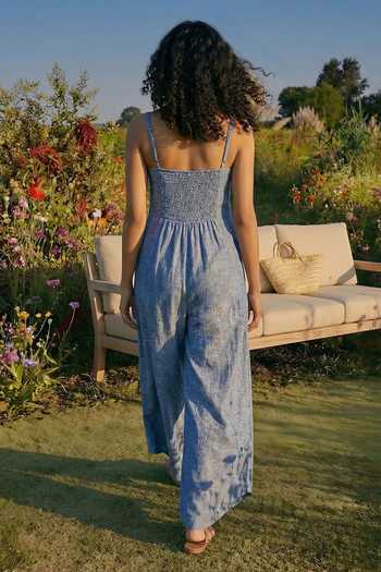 House Of Fett_Blue Cotton Shawl Neck Striped Blend Cape And Jumpsuit Set _Online_at_Aza_Fashions