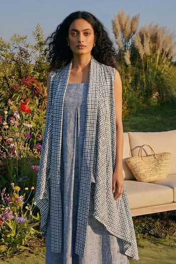 Buy_House Of Fett_Blue Cotton Shawl Neck Striped Blend Cape And Jumpsuit Set _Online_at_Aza_Fashions