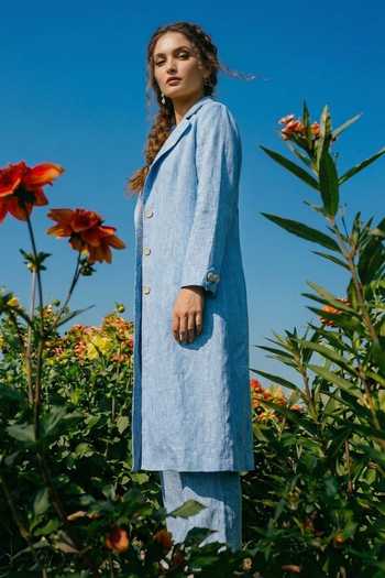 House Of Fett_Blue Cotton, Linen V-neck, Collared Blend Jacket Pant Set _Online_at_Aza_Fashions