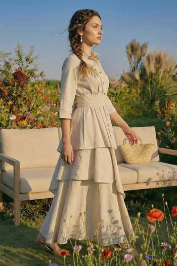 House Of Fett_Ivory Cotton Collared Flex Shirt And Pant Set _Online_at_Aza_Fashions