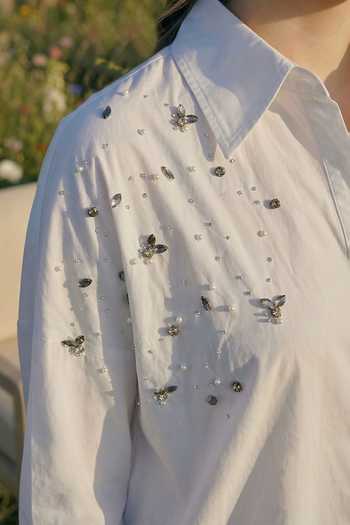 House Of Fett_White Cotton, Twill Collared Embellished Shirt Dress _Online_at_Aza_Fashions