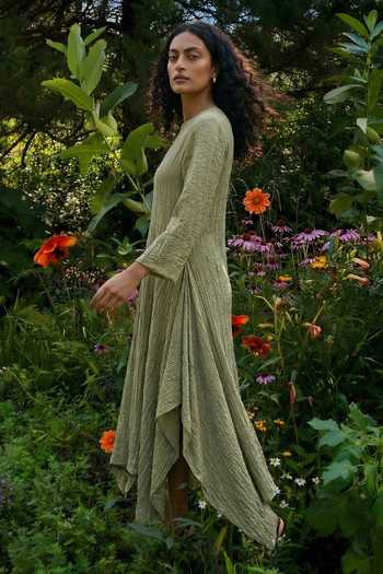 House Of Fett_Green Crepe High Neck Hand Embellished Floral Asymmetrical Tunic  _Online_at_Aza_Fashions