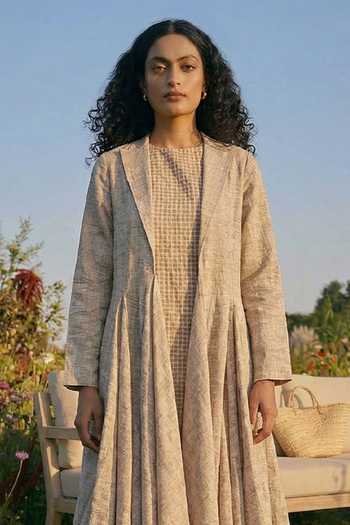 House Of Fett_Beige Cotton Round , Open Checkered Dress And Cape Set _Online_at_Aza_Fashions