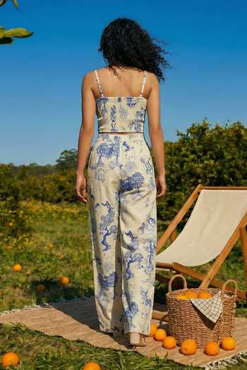 House Of Fett_Blue Linen Square , Shawl Jungle Print Jacket Pant Set _Online_at_Aza_Fashions