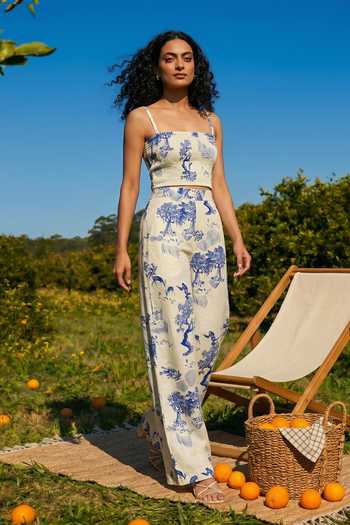 Buy_House Of Fett_Blue Linen Square , Shawl Jungle Print Jacket Pant Set _Online_at_Aza_Fashions