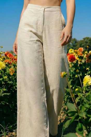 House Of Fett_Beige Cotton Bandeau , Open Rainforest Abstract Pattern Jacket Pant Set _Online_at_Aza_Fashions